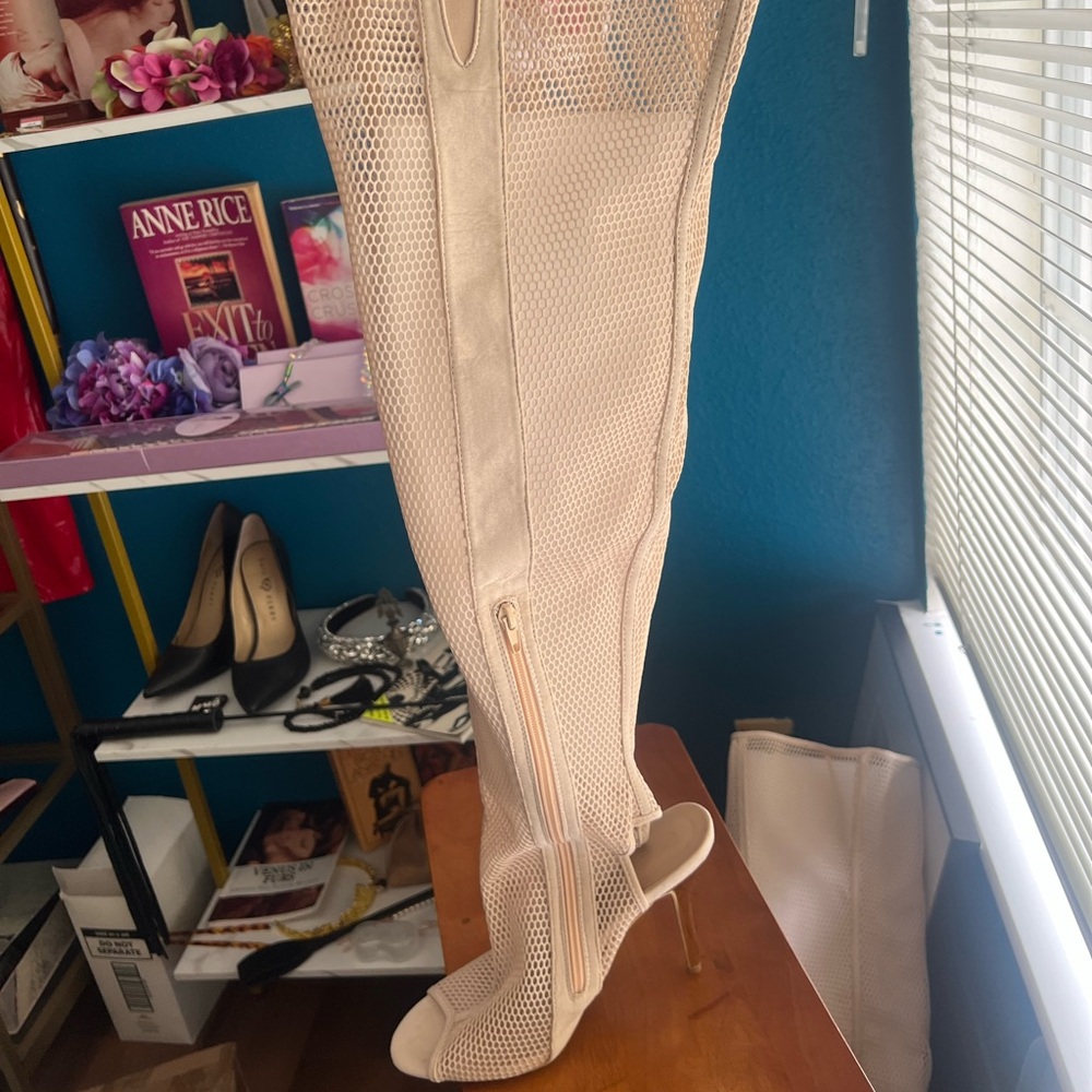 Beige Mesh Thigh-High Boots